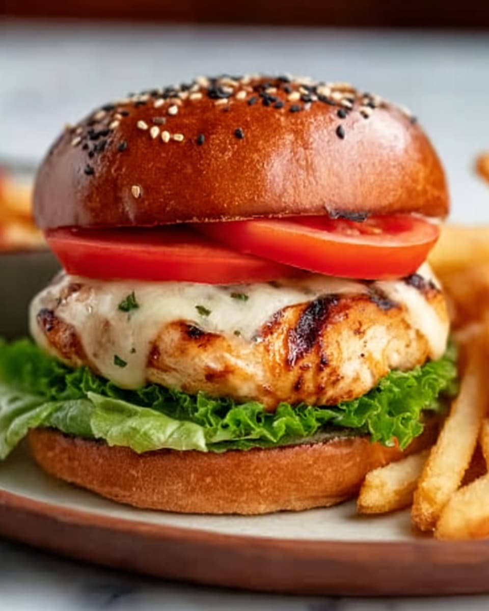 A close-up of a grilled chicken sandwich on a white sesame seed bun, with layers including green lettuce at the bottom, a thick grilled chicken breast topped with melted white cheese, slices of red tomato, and red onion rings, all stacked neatly. The sandwich sits on a dark wooden plate with a side of golden French fries in the background, placed on a white marbled surface. The top bun is shiny and golden brown, slightly toasted. Photo taken with an iphone --ar 4:5 --v 7