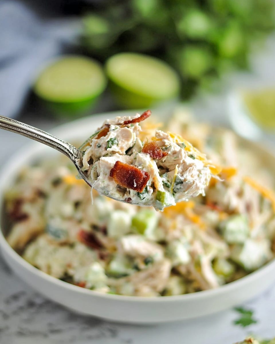 The image shows a close-up of a spoon filled with a creamy mixture that has several visible ingredients, held above a white bowl filled with the same mixture placed on a white marbled surface. The dish has a creamy white base with chunks of light beige shredded chicken, small green pieces of celery, bits of crispy brown bacon, and scattered orange-yellow shredded cheese. The background is softly blurred, highlighting the textured mixture with visible chunks and creamy dressing blending the ingredients closely together. Photo taken with an iphone --ar 4:5 --v 7