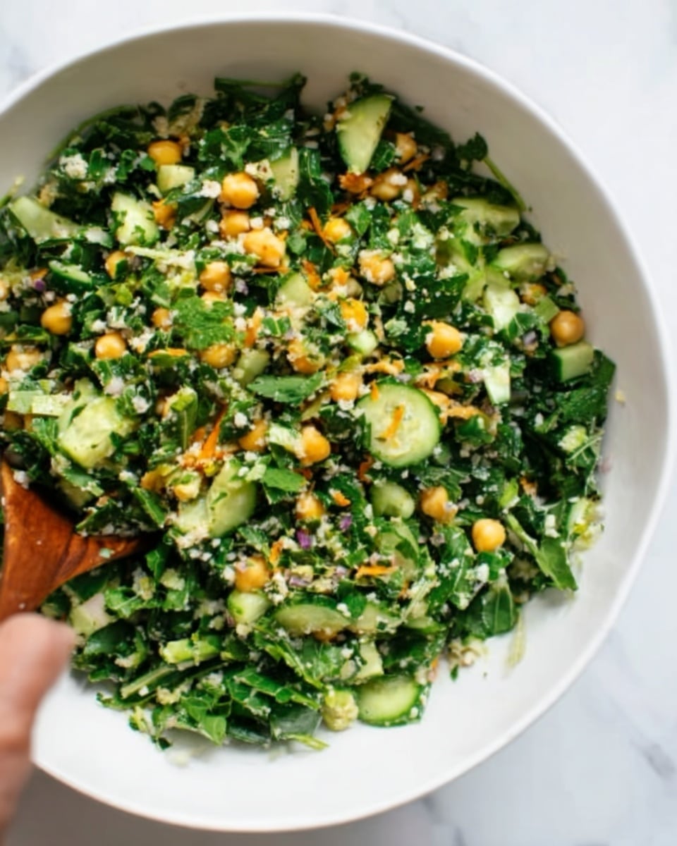 The image shows a close-up of a white bowl filled with a fresh green salad. The salad has several layers of finely chopped green leaves, light green cucumber pieces, small orange bits, and pale yellow chickpeas spread evenly throughout. A woman's hand is reaching in from the left side, mixing the salad. The white marbled background adds a clean and bright look to the image. photo taken with an iphone --ar 4:5 --v 7
