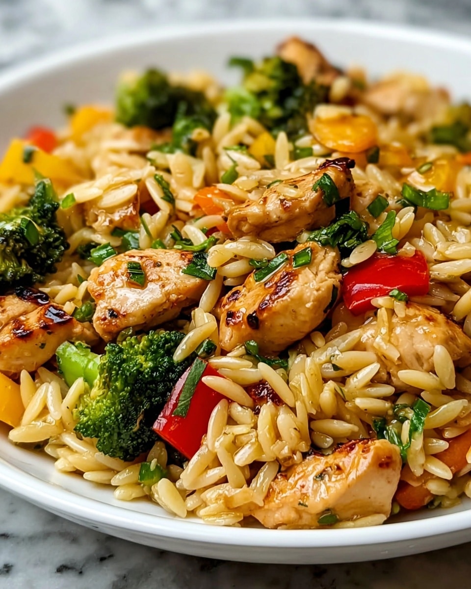 A close-up view of a white plate filled with a colorful dish made of grilled chicken chunks, golden orzo pasta, and mixed vegetables including bright green broccoli florets, red and yellow bell pepper pieces, and chopped green herbs sprinkled on top. The chicken pieces are browned with a shiny glaze, and the orzo pasta has a light golden color, scattered throughout the dish in an even layer. The vegetables add vibrant splashes of color, contrasting the beige pasta and light brown chicken. The plate sits against a white marbled background. photo taken with an iphone --ar 4:5 --v 7