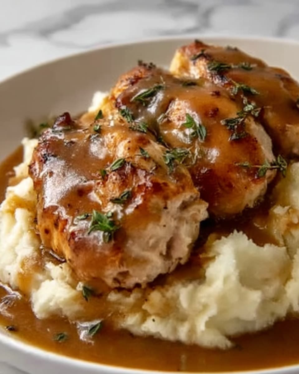 The image shows two pieces of grilled chicken with a golden brown and slightly shiny surface due to sauce, placed on a thick layer of creamy mashed potatoes. The chicken is sprinkled with small green herb leaves, adding a fresh color contrast to the warm tones of the meat and the pale texture of the mashed potatoes below. The mashed potatoes look smooth and rich, spreading under the chicken in a soft, uneven pile. The background has a white marbled texture. photo taken with an iphone --ar 4:5 --v 7