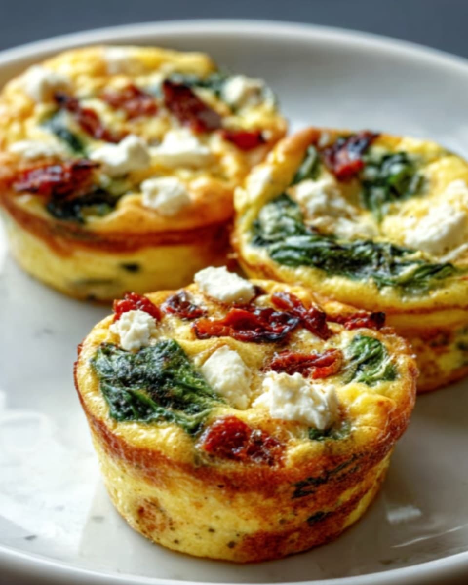 The image shows three small egg muffins on a white plate with a dark base. Each muffin has different layers visible: the bottom part is a golden brown crust, filled with a yellow egg mixture with green leafy spinach inside. On top, there are white cheese chunks and small pieces of red tomato. The muffins look baked with a slightly crispy edge, sitting closely together on the plate. The background surface is white marbled texture. The photo taken with an iphone --ar 4:5 --v 7