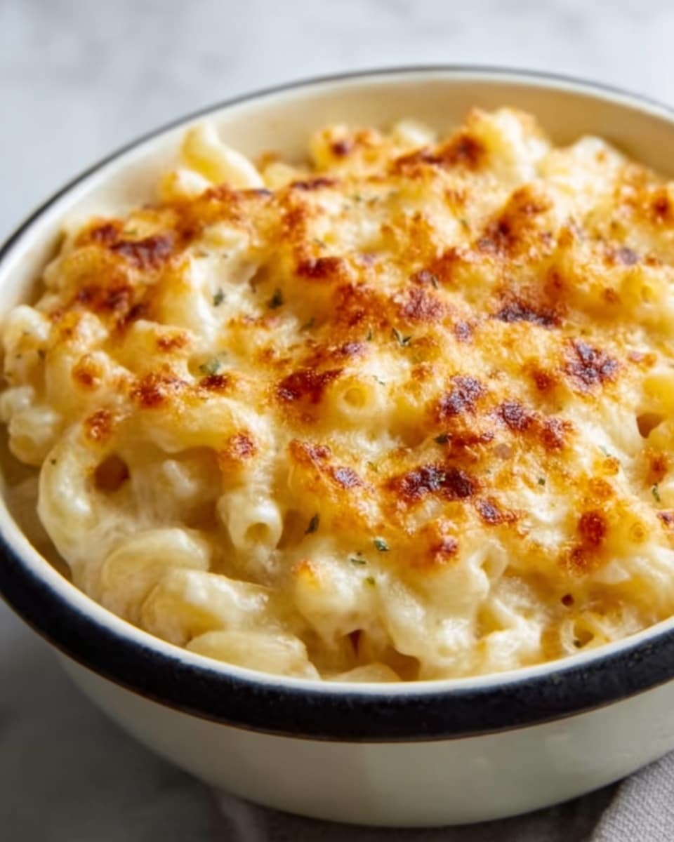 A close-up of a white bowl filled with creamy macaroni and cheese, showing a golden brown, slightly crispy cheese layer on top with small browned spots. Beneath the melted cheese topping, you can see soft, light yellow macaroni noodles covered in a smooth, rich cheese sauce. The bowl sits on a white marbled surface, with the warm and cheesy texture clearly visible. Photo taken with an iphone --ar 4:5 --v 7