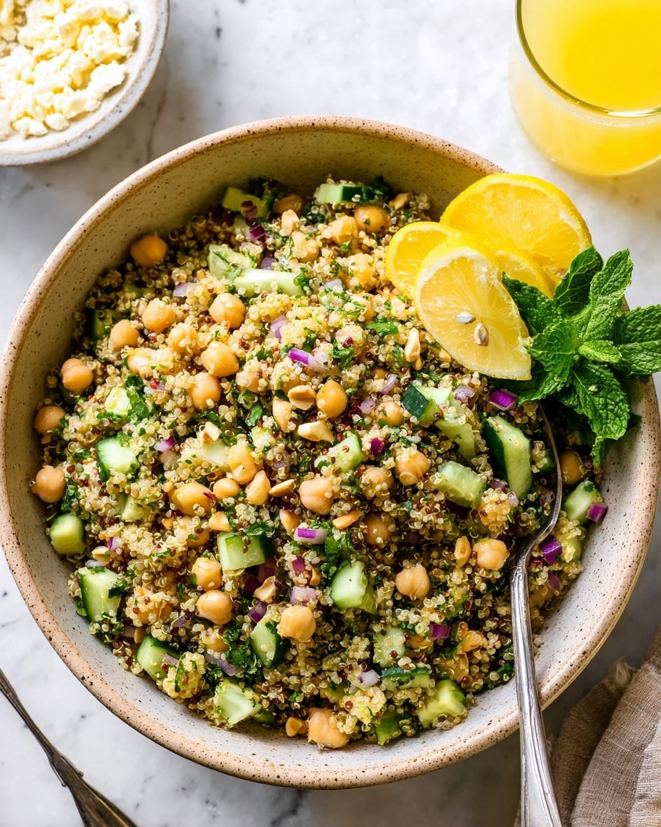 A large white bowl is filled with a colorful quinoa salad that has about five layers of ingredients mixed together: light, fluffy quinoa grains form the base, dotted with small pale beige chickpeas, bright green chopped cucumber cubes, small pieces of purple-red onion, and chopped fresh green herbs scattered throughout. Crunchy brown nuts, likely pistachios, are mixed in for texture. On one side, three lemon wedges with bright yellow peel and pale yellow insides rest beside a sprig of dark green fresh mint leaves. In the background, there is a small white bowl with crumbly white cheese and a yellow bottle. The whole scene is set on a white marbled surface. photo taken with an iphone --ar 4:5 --v 7