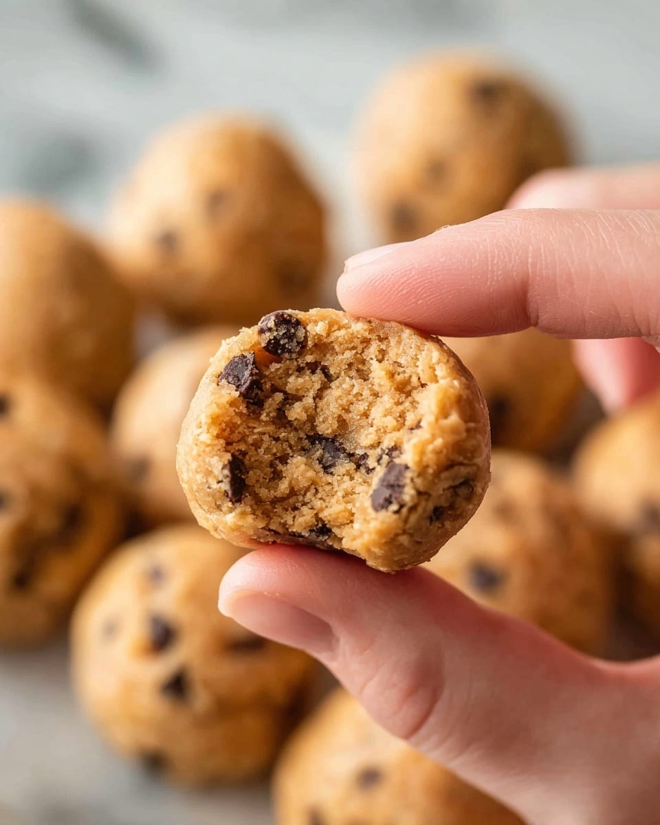 A woman's hand holds a small round ball of cookie dough with visible dark chocolate chips scattered throughout, showing a soft and slightly crumbly texture with one side bitten into, revealing an oatmeal-like inside with tiny oat flakes and chocolate chips embedded. In the background, several whole dough balls with a smooth golden brown surface rest closely together on a white marbled surface. Photo taken with an iphone --ar 4:5 --v 7