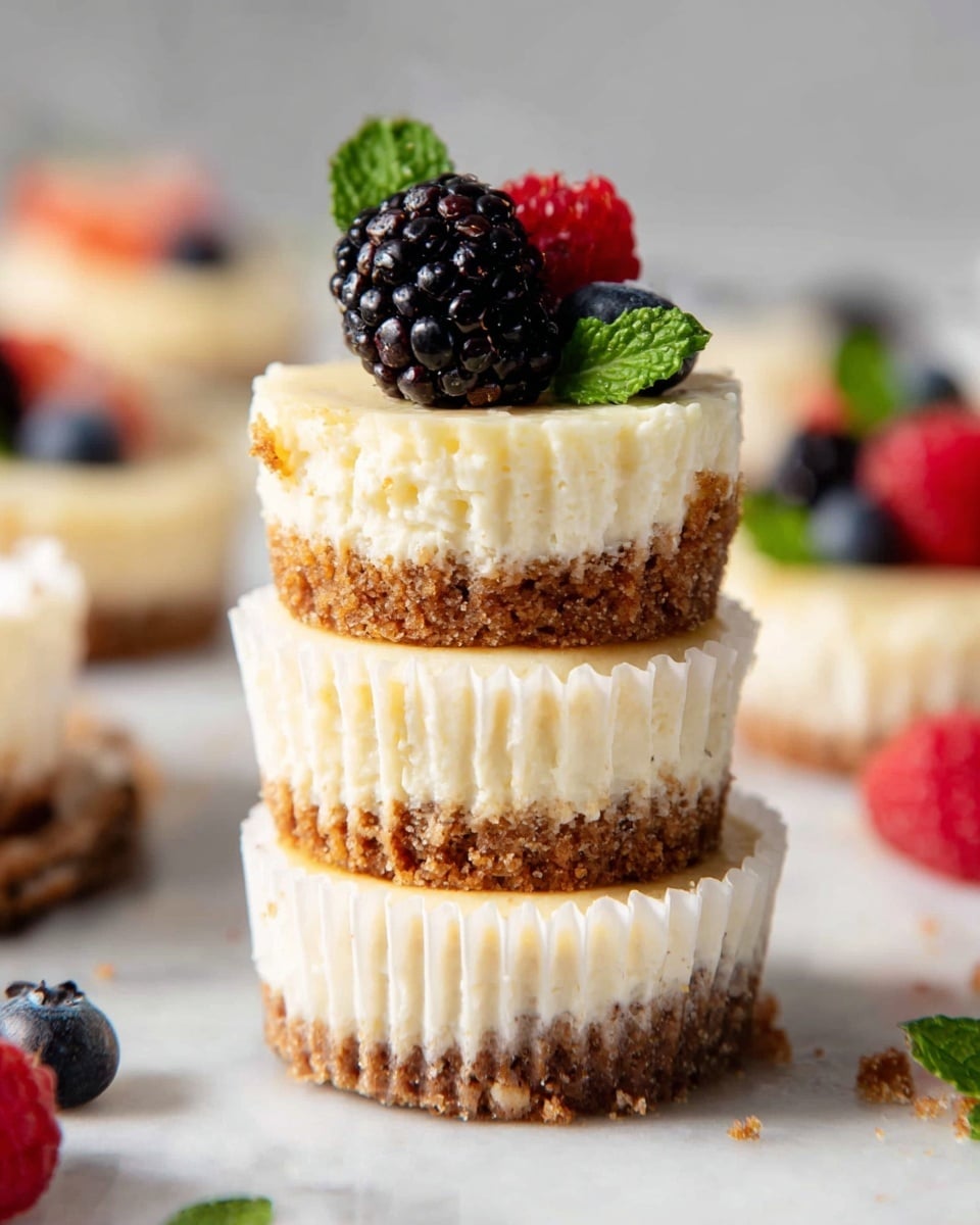 Three mini cheesecakes are stacked on top of each other, each with two layers: a smooth, creamy light yellow cheesecake layer on top and a crumbly, golden-brown crust layer at the bottom. The middle cheesecake is topped with a single blackberry, a raspberry, a blueberry, and a small green mint leaf. The cheesecakes sit on an open white paper cupcake liner placed on a white marbled surface. In the background, slightly blurred, are more mini cheesecakes and berries. Photo taken with an iphone --ar 4:5 --v 7