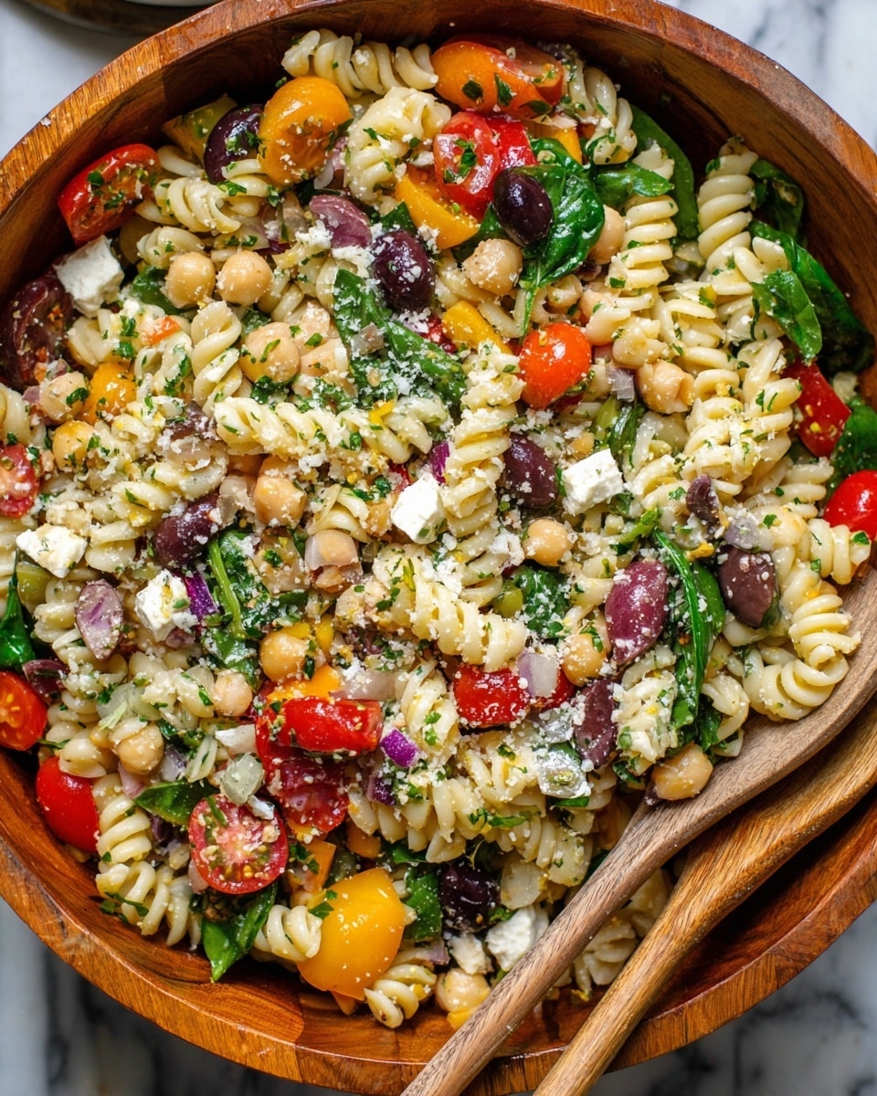 A large wooden bowl holds a colorful pasta salad featuring a mix of short spiral pasta in a creamy off-white tone as the base layer, scattered with light beige chickpeas. On top, there are bright red cherry tomato halves, some with seeds visible, mixed with dark purple olives sliced in halves, and small cubes of white cheese. Green spinach leaves and light green pepper ring slices add a fresh touch, while thin slices of orange and red bell peppers contribute vibrant pops of color. The entire salad is lightly sprinkled with finely grated white cheese and chopped herbs and seasonings, giving it a textured and lively appearance. Two wooden serving spoons are placed inside the bowl ready to serve, and the scene is set on a subtle white marbled surface. Photo taken with an iphone --ar 4:5 --v 7