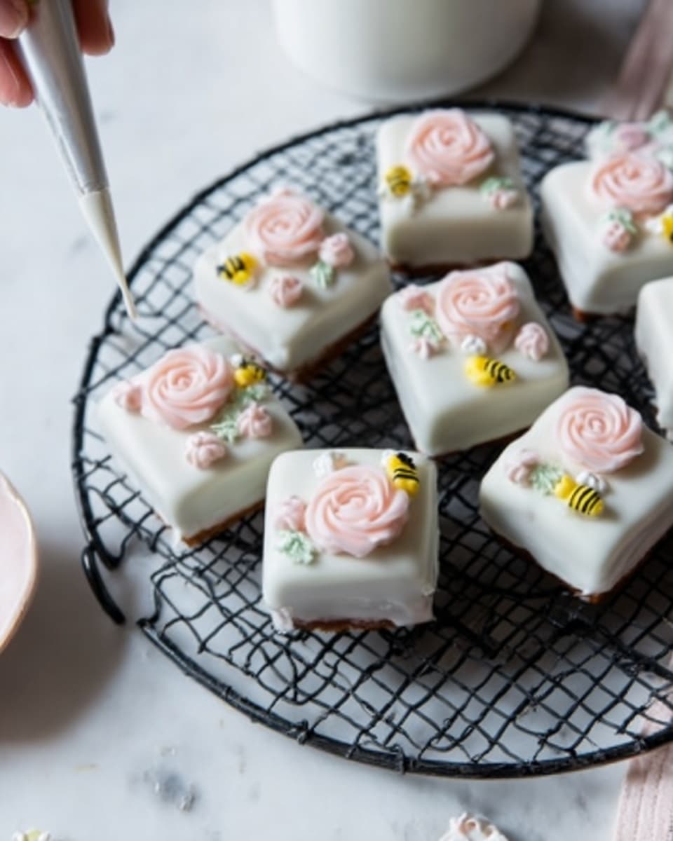 The image shows several small square cakes placed on a round black wire rack set on a white marbled surface. Each cake has a smooth white frosting layer covering all sides. On top, there are delicate pink rose-shaped icing flowers with small green leaves and tiny yellow flower buds, arranged neatly in groups of two or three. The cakes appear soft with clean edges, and a woman's hand is holding one cake gently. The overall scene is bright with soft natural light. photo taken with an iphone --ar 4:5 --v 7