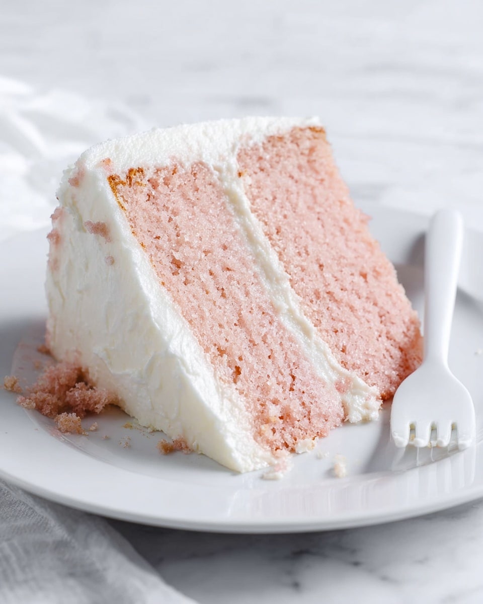 A slice of two-layer pink cake with a light, crumbly texture, separated by a thin layer of white frosting; the outside is coated with smooth white frosting, slightly thick and soft, wrapping the edges. The slice sits on a white plate with a white plastic fork beside it, all placed on a white marbled surface. Photo taken with an iphone --ar 4:5 --v 7