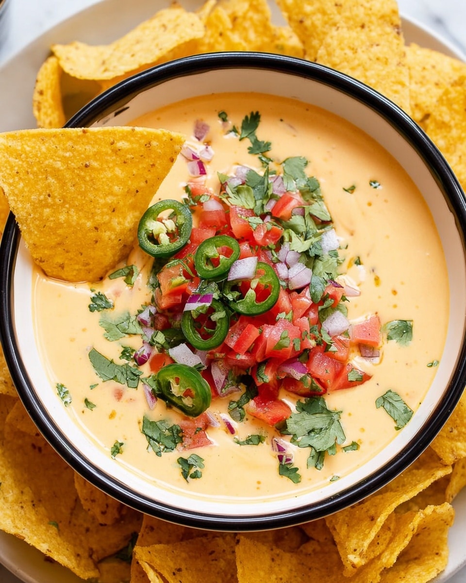 A white bowl with a thin black rim is filled with a smooth, creamy, light orange cheese dip. The dip is topped with a colorful mix of chopped fresh ingredients including green jalapeño pieces, red tomato chunks, finely diced purple onion, and green cilantro leaves scattered on top. Two yellow corn tortilla chips are dipped upright into the creamy mixture on the left side. Around the bowl, more yellow tortilla chips spread out on a white marbled surface. The scene is bright and vibrant, showing a fresh and tasty snack. photo taken with an iphone --ar 4:5 --v 7