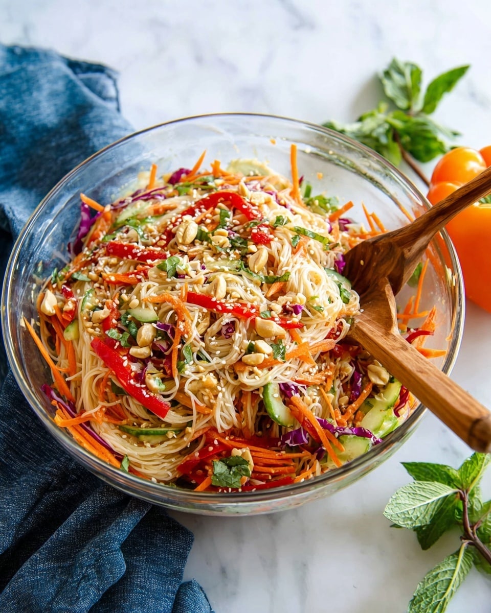 A clear glass bowl is filled with thin white rice noodles as the base layer, topped with colorful thin slices of bright orange carrots, red bell peppers, and purple cabbage, along with small light green cucumber pieces scattered throughout. The dish is garnished with chopped green herbs, crushed peanuts, and sesame seeds, adding texture and a mix of light tan and green tones. Two wooden spoons rest in the bowl, ready for serving, sitting on a white marbled surface with a blue cloth nearby and an orange bell pepper on the side. Fresh mint leaves are visible on a wooden board near the bottom right corner. Photo taken with an iphone --ar 4:5 --v 7