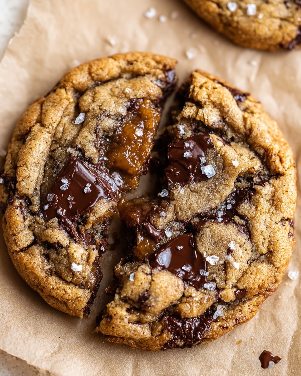 A large, round cookie breaks in the center revealing a gooey, melted dark chocolate layer with a caramel-like filling underneath. The cookie's top is golden-brown with a slightly crunchy texture and scattered coarse salt flakes, while chunks of dark chocolate are embedded and melting on the surface. The cookie sits on a sheet of parchment paper, which lies on a white marbled texture. Photo taken with an iphone --ar 4:5 --v 7