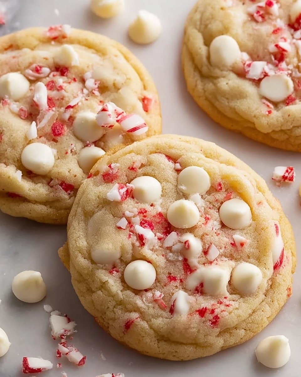 The image shows soft, round cookies with a light golden base, topped with white chocolate chips that are slightly melted and scattered on top. Broken pieces of crushed red and white peppermint candy are sprinkled over the cookies, adding a speckled red and white texture. The cookies rest on a white marbled surface, with one cookie slightly overlapping another, showing a soft, chewy texture with some cracks around the edges. There are extra white chocolate chips and crushed peppermint pieces scattered around the cookies. photo taken with an iphone --ar 4:5 --v 7