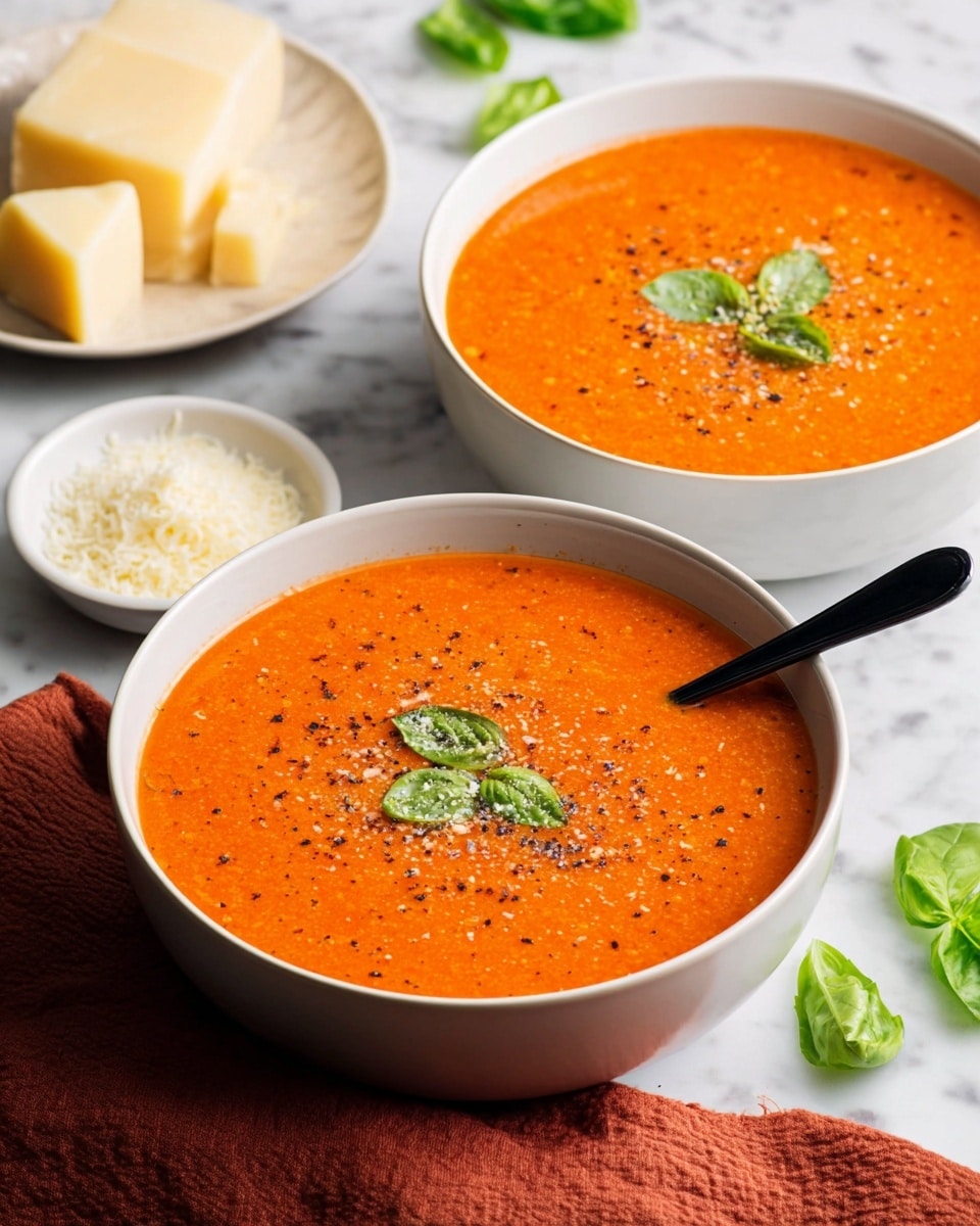 Two white bowls filled with bright orange creamy tomato soup sit on a white marbled surface. The soup has a slightly textured surface with tiny bits of herbs and cheese mixed in. Each bowl contains fresh green basil leaves scattered on top and a sprinkle of black pepper. One bowl has a black spoon resting in the soup. In the background, there are small piles of grated white cheese and slices of pale yellow hard cheese, along with a small white bowl of seasoning. A piece of toasted bread with a golden crust is partly visible at the bottom right corner. A rust-colored cloth is placed near the front bowl. Photo taken with an iphone --ar 4:5 --v 7