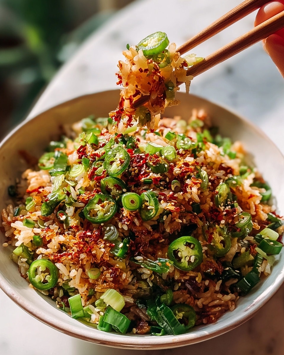 A bowl filled with cooked white rice topped with thinly sliced bright green spring onions, small white sesame seeds, and red chili flakes sprinkled evenly on top. The rice looks light and fluffy, mixed with crunchy bits of fried garlic or shallots that add a golden brown texture. A pair of wooden chopsticks held by a woman's hand is lifting a portion of the rice, showing the mix of green, white, and reddish seasoning clearly. The bowl is white and sits on a white marbled surface with soft natural light highlighting the textures and colors vividly. photo taken with an iphone --ar 4:5 --v 7