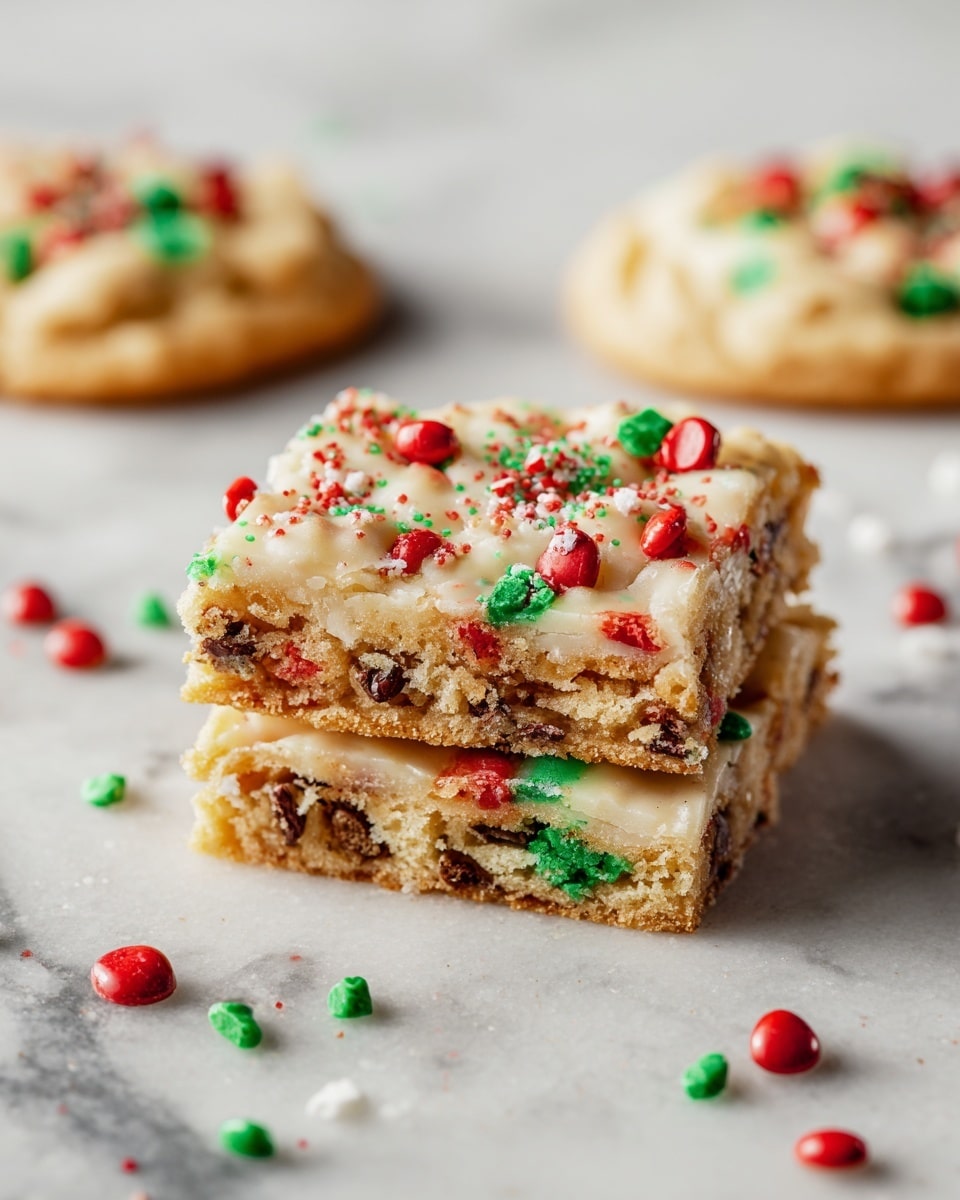 The image shows a close-up of a square layered treat with three distinct layers. The bottom and middle layers are light brown and crumbly like cookie dough, while the top layer is creamy white frosting scattered with small red, green, and dark brown small candy pieces. The middle layer also has visible bits of red and green candy. The square is placed directly on a white marbled surface with scattered pieces of the same colorful candies around it. In the background, two blurred round treats with similar creamy frosting and candy toppings rest on the white marbled surface. photo taken with an iphone --ar 4:5 --v 7