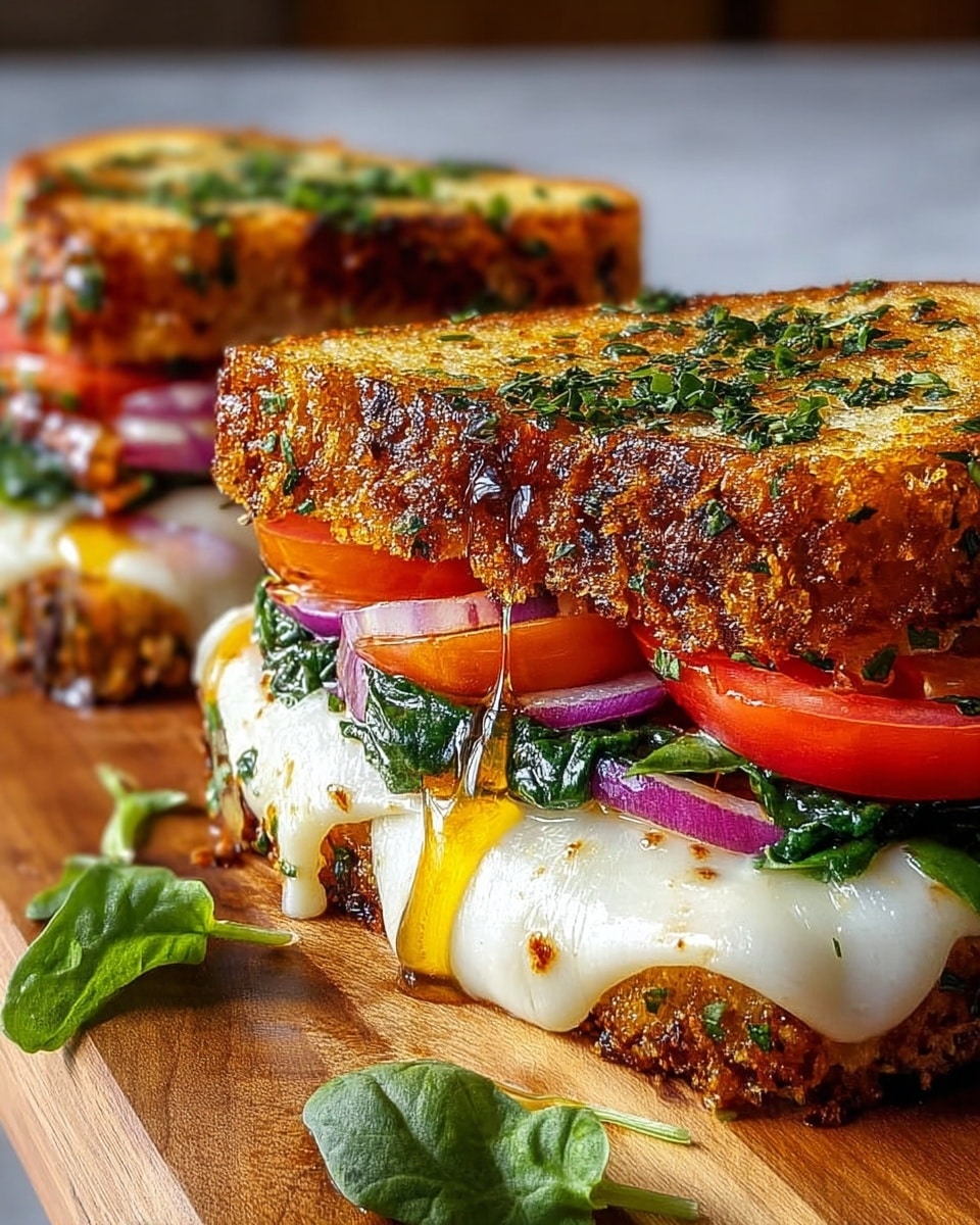 The image shows two grilled sandwiches with three visible layers inside. The top and bottom layers are golden brown toasted bread with a crispy texture, sprinkled with chopped green herbs. Inside, the first layer is melted white cheese that stretches slightly and drips down the edges, followed by slices of red tomatoes and small pieces of chopped purple onions. On top of the onions and tomatoes, there is a layer of cooked wilted dark green spinach. There are drips of honey or syrup on the side of the sandwich and some fresh basil leaves on the white marbled surface beneath the sandwiches. Photo taken with an iphone --ar 4:5 --v 7