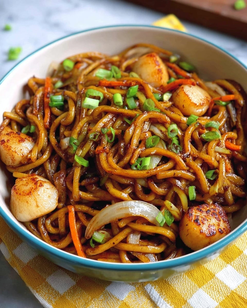 A close-up of a black bowl filled with stir-fried noodles mixed with sautéed vegetables and shrimp, showing thick, golden-brown noodles coated in sauce, orange carrot sticks, translucent slices of onion, and plump, browned shrimp scattered throughout, topped with small, bright green chopped scallions for color. The bowl is set on a yellow and white checkered cloth with a blue wooden surface beneath it. photo taken with an iphone --ar 4:5 --v 7