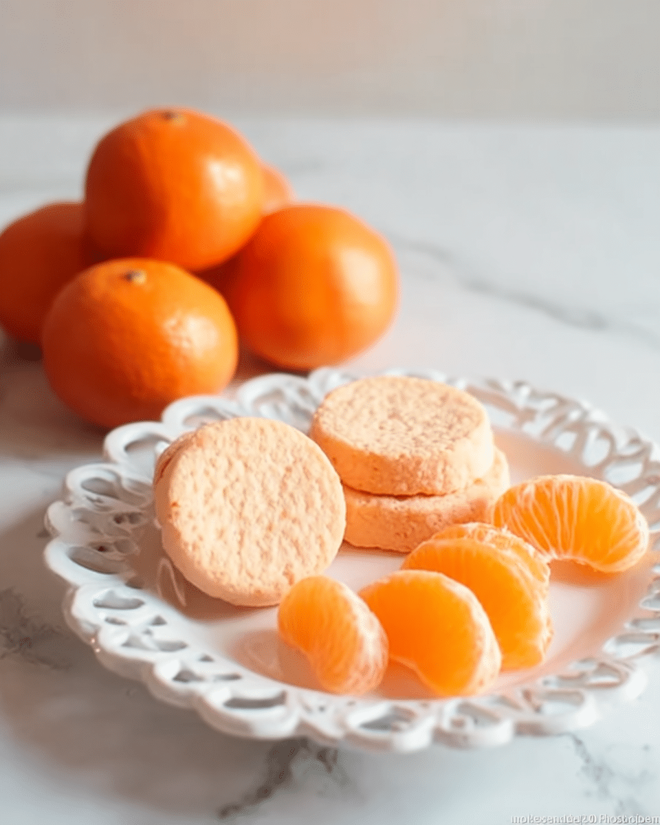 The image shows two round, light pink cookies with a slightly crumbly texture placed in the center of a delicate white plate with a heart-shaped cutout pattern along the edge. On the right side of the plate, there are several peeled orange segments with a bright, juicy appearance. In the background, a cluster of whole, bright orange mandarins rests on a white marbled surface, creating a soft contrast. The overall look is clean and simple with warm, soft lighting. photo taken with an iphone --ar 4:5 --v 7