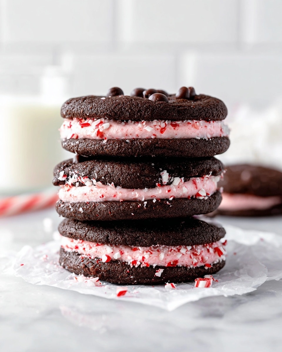 A stack of three dark chocolate cookies, each sandwiching a thick layer of pink cream mixed with small red and white peppermint pieces. The cookies are dark and crumbly with visible chocolate chips on top. The pink cream layer is creamy and smooth, slightly overflowing with crushed peppermint bits scattered on and around the edges. The stack rests on white parchment paper placed on a white marbled surface, with a blurred white glass of milk in the background. photo taken with an iphone --ar 4:5 --v 7