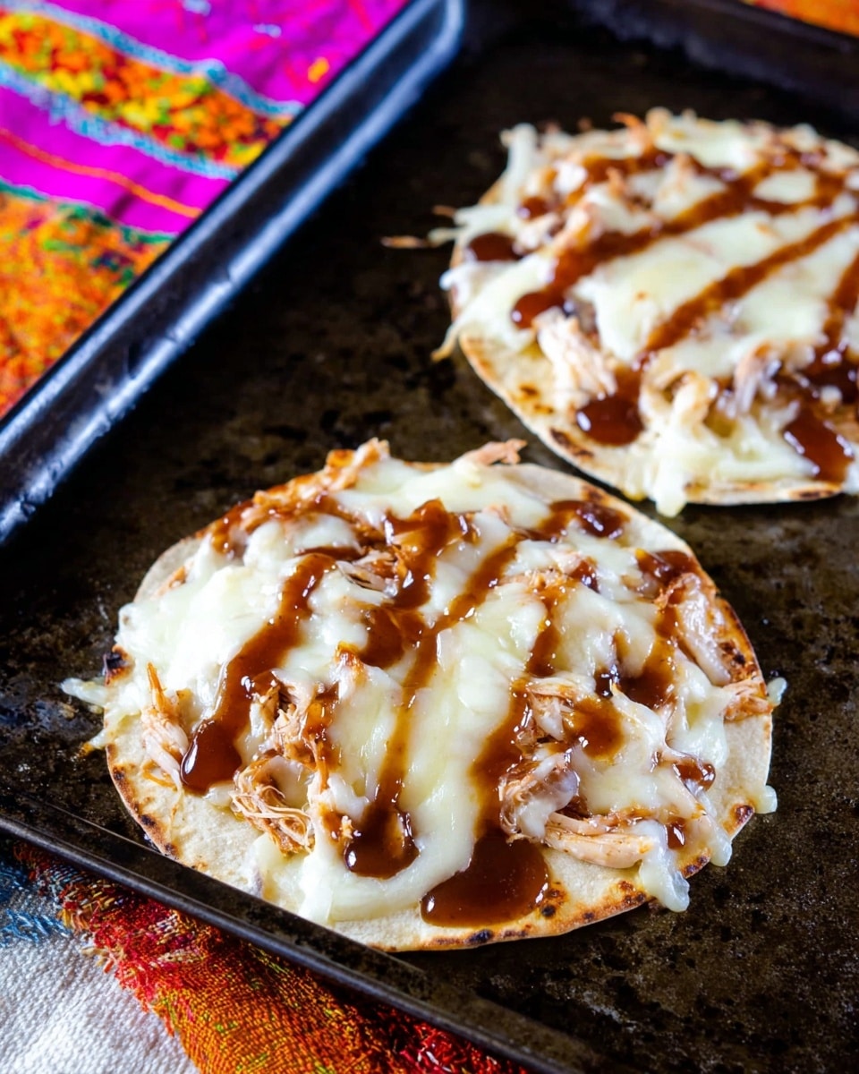 Two small flatbreads sit on a black baking tray with a white marbled surface below. Each flatbread has a base layer of light tan dough, topped with shredded cooked chicken that appears tender and slightly browned. Over the chicken is a thick layer of melted white cheese, soft and gooey, spread unevenly to cover the toppings. Dark brown barbecue sauce is drizzled generously on top in irregular patterns, creating a glossy finish. The edges of the flatbreads are slightly crisp and golden, and some cheese has melted onto the baking tray, forming crispy patches. The bottom part of the image shows a colorful woven cloth with orange fringe. Photo taken with an iphone --ar 4:5 --v 7