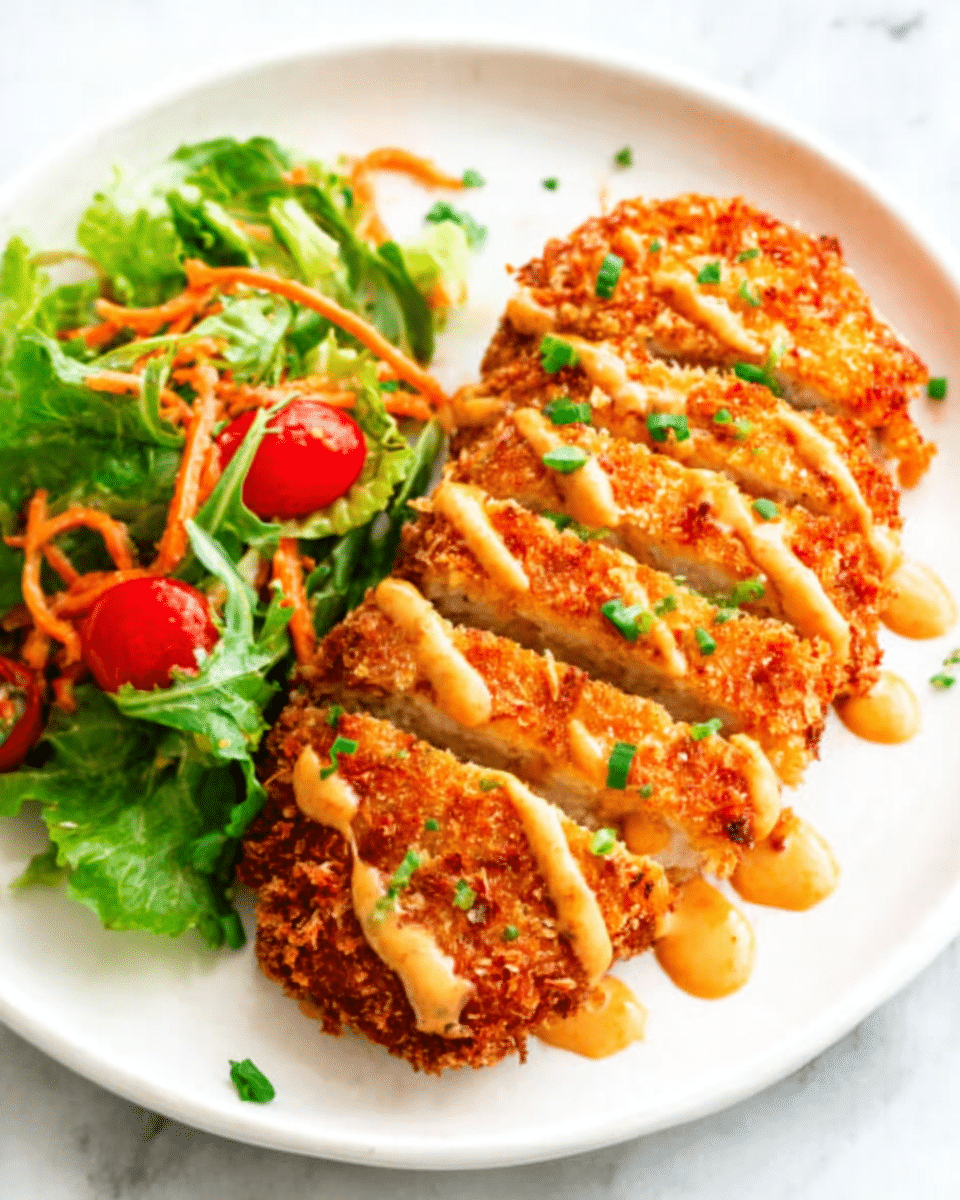 A close-up of a white plate with a crispy golden-brown fried chicken breast sliced into even pieces, topped with a drizzle of light orange sauce and small green herb bits sprinkled on top. On the left side of the plate is a fresh green salad with leafy greens, thin orange carrot strips, and small red tomato pieces. The plate is set on a white marbled surface. photo taken with an iphone --ar 4:5 --v 7