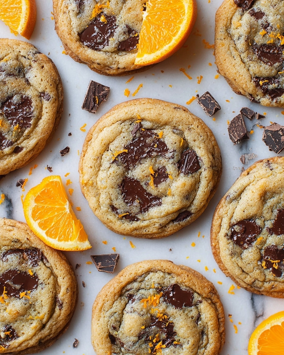The image shows several round cookies with a golden brown color and a slightly crispy texture. Each cookie has large, melted dark chocolate chunks scattered on top and inside, giving a slightly glossy appearance. The cookies are laid out on a white marbled surface, with small pieces of chopped chocolate and tiny orange zest sprinkled around. There are also a few bright orange slices placed between the cookies, adding a fresh pop of color. The overall look is warm and inviting, with the combination of chocolate and orange suggesting a rich, sweet flavor. photo taken with an iphone --ar 4:5 --v 7