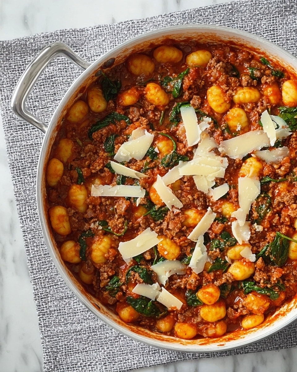 A close-up top view of a gray pan filled with gnocchi pasta covered in a rich red tomato sauce mixed with ground meat and green spinach bits. On top, there are thin, uneven slices of pale yellow cheese scattered all over. The gnocchi are small, pillow-shaped, and a bright yellow-orange color showing through the sauce. The pan sits on a white marbled textured surface with a gray cloth underneath. photo taken with an iphone --ar 4:5 --v 7