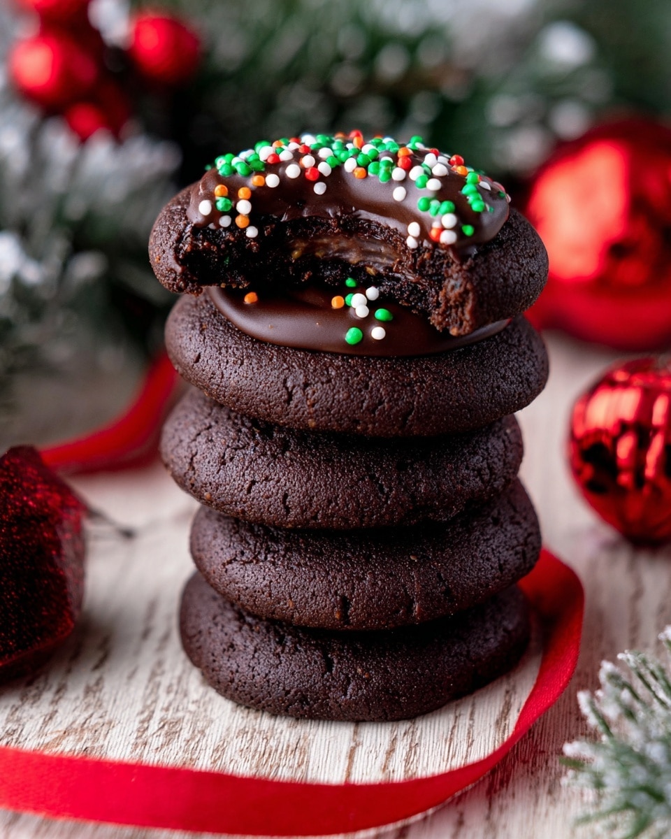 A stack of five dark chocolate cookies sits on a white marbled surface, each cookie thick and rounded with a dense, slightly crumbly texture. The top cookie is bitten into, revealing a glossy, dark melted chocolate filling in its center, topped with small round sprinkles in white, green, and red colors. Around the cookies, red Christmas ornaments and a red ribbon add festive touches, with a blurred green pine background hinting at holiday decor. photo taken with an iphone --ar 4:5 --v 7