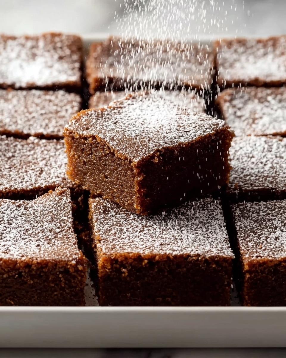 A white rectangular dish filled with nine square pieces of brown cake arranged in three rows. The cake has a soft, moist texture with visible tiny crumbs. One piece is lifted above the others, showing its thickness and slightly uneven edges. Powdered white sugar falls gently onto the top piece, creating a light dusting that contrasts with the darker cake. The background is a white marbled texture. photo taken with an iphone --ar 4:5 --v 7