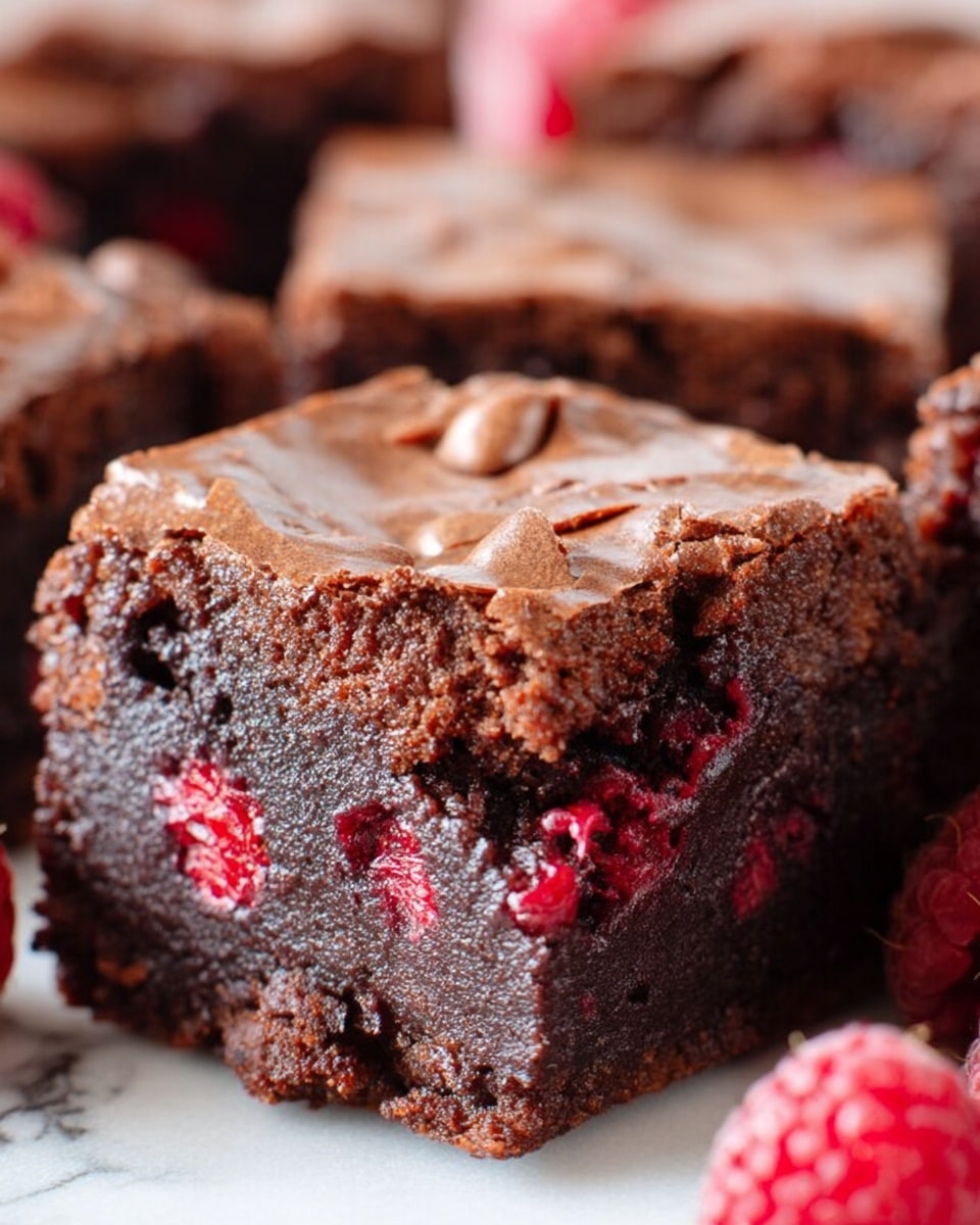 A close-up view of a rich, thick chocolate brownie square with a shiny, cracked top layer in light brown. Below the top is a dense, moist dark brown chocolate layer mixed with pieces of red berries that add bright red and dark spots inside. The edges look slightly crumbly, showing the soft texture inside. The brownie piece is placed on a white marbled surface, with parts of other brownie squares blurred in the background. A single red raspberry is visible near the front edge of the brownie. photo taken with an iphone --ar 4:5 --v 7