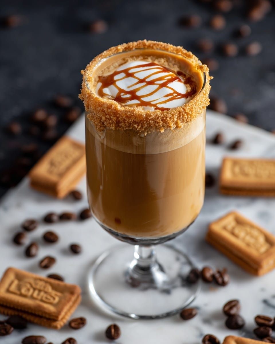 A tall glass with a clear stem holds a layered coffee drink on a white marbled surface. The bottom layer is a smooth, light brown coffee base topped by a creamy, frothy layer that spreads evenly. On the froth, there are thin swirls of white foam partially covered by drizzles of caramel sauce in soft golden lines. The glass rim is coated with a crumbly, light brown biscuit crust. Around the glass scatter whole coffee beans and square biscuits with a golden tan color. photo taken with an iphone --ar 4:5 --v 7