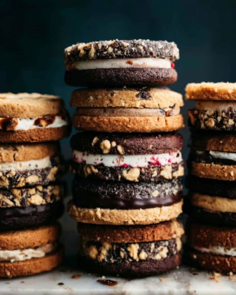 A tall stack of cookies is shown in the image with four piles, each about six to seven cookies high. The cookies have different layers; some are plain golden brown, some are dark chocolate, and others are coated with white and pink icing. There are also bits of crushed nuts or crumbs sprinkled on top of some cookies, adding a rough texture. The cookies have a slightly rough and crumbly look and are arranged closely together against a simple dark background. photo taken with an iphone --ar 4:5 --v 7