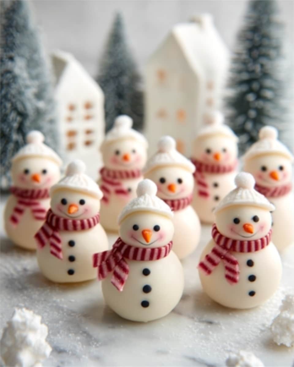 The image shows a group of small, round snowman-shaped desserts arranged in several rows. Each snowman has a smooth white surface with small black dots for eyes and mouth, a tiny orange carrot-shaped nose, and a red scarf wrapped around its neck. The snowmen are placed on a white marbled surface dusted lightly with powdered sugar, mimicking snow. In the background, there are small white house-shaped decorations and green pine tree models, all adding to a wintery, festive atmosphere. Photo taken with an iphone --ar 4:5 --v 7