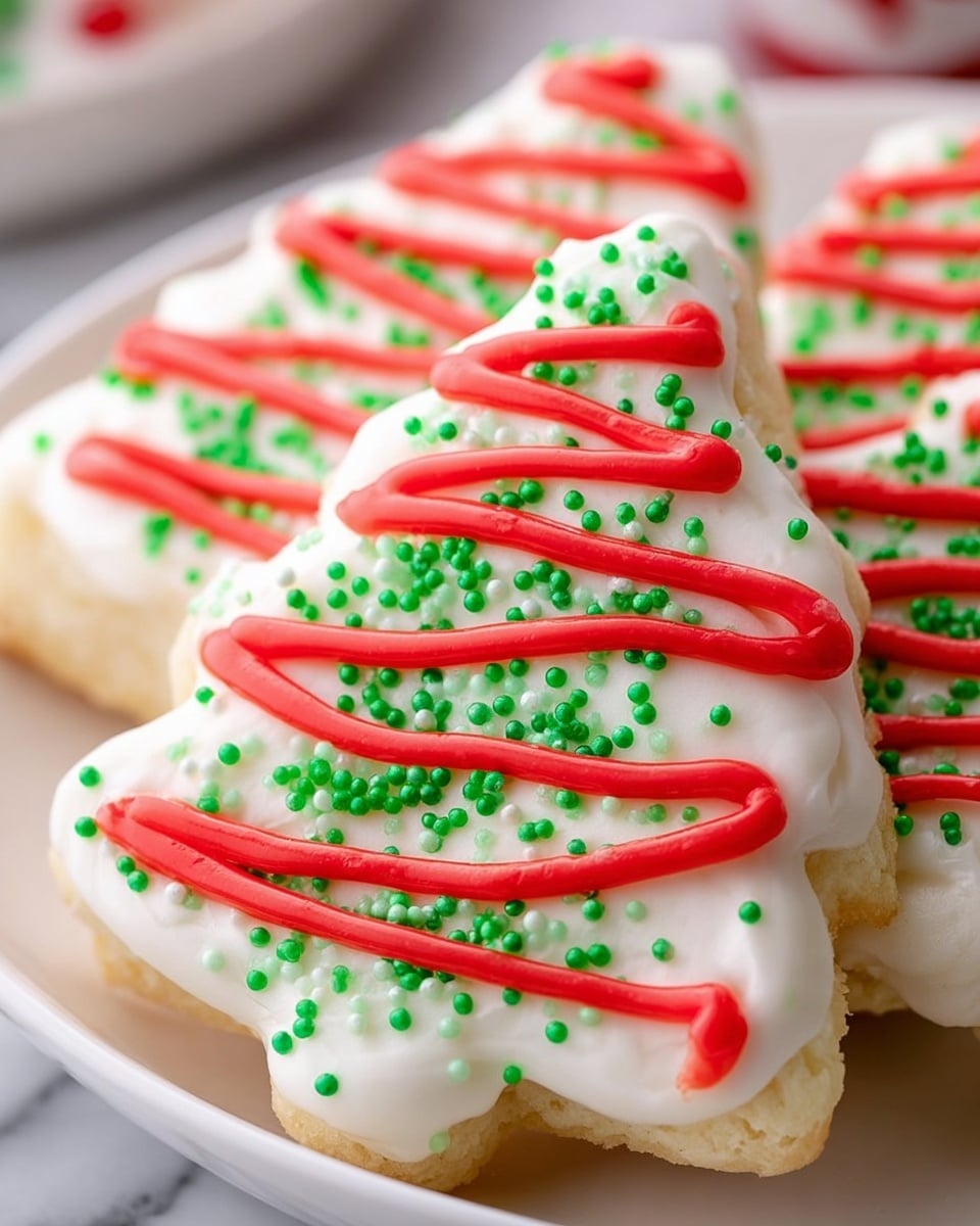 The image shows a close-up of a cluster of Christmas tree-shaped treats with three visible layers. The base layer is a light, creamy white with a soft, smooth texture resembling a cookie or cake. The entire surface is covered with a thick white icing layer, textured slightly with small bumps. On top of this icing, bright green sugar crystals are spread evenly, adding a sparkly contrast. Red icing stripes flow across the tree shapes in 4-5 wavy lines, with a glossy and slightly raised texture highlighting the red color against the white. The treats rest on a white plate, set against a white marbled textured surface, creating a clean and festive look. Photo taken with an iphone --ar 4:5 --v 7