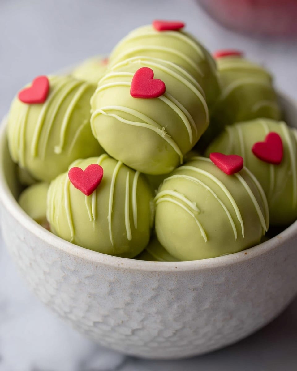 A white bowl filled with round green truffles, each covered in a smooth light green coating. Some truffles have thin green drizzle lines across the top, while others are plain, all decorated with small red heart-shaped sprinkles centered on each one. The bowl rests on a white marbled surface, showing the smooth and shiny texture of the truffles clearly. Photo taken with an iphone --ar 4:5 --v 7