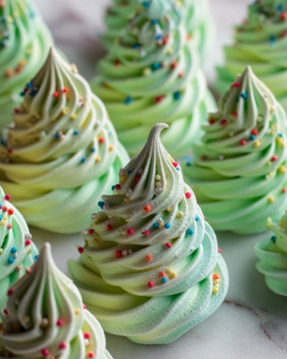 The image shows several green, swirled meringue cookies shaped like small Christmas trees. Each meringue has about six visible layers of soft green and white shades twisting upward to a sharp peak. Colorful round sprinkles of red, blue, yellow, and white are scattered all over the meringues, adding a festive look. The background is softly blurred with a white marbled texture. The lighting is soft, making the meringue’s smooth, glossy texture stand out. photo taken with an iphone --ar 4:5 --v 7