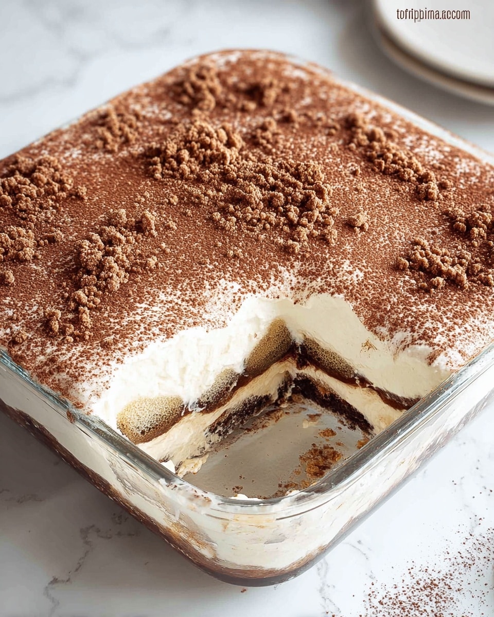 A square clear glass dish containing four visible layers of a creamy dessert: the bottom layer is a dark brown coffee-soaked cake or biscuit base, followed by a thick creamy white layer, then another thin dark brown soaked cake layer, topped by a thick creamy layer dusted heavily with a light brown cocoa powder and small brown crunchy bits scattered on top, with a portion scooped out from the front showing the layers clearly; the dish sits on a white marbled surface with blurred pine cones in the background. photo taken with an iphone --ar 4:5 --v 7