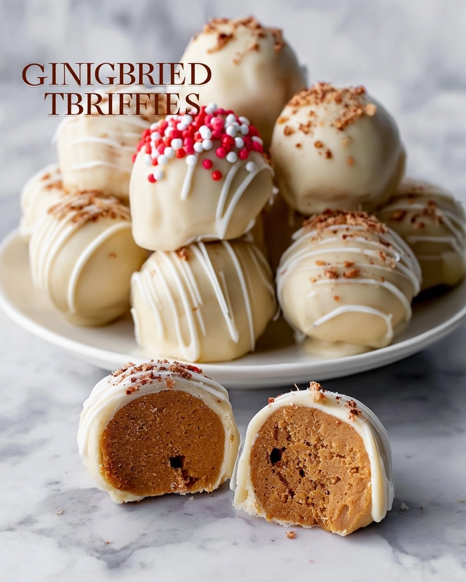 A white plate holds seven round gingerbread truffles coated in a smooth, pale beige layer of white chocolate. Each truffle is decorated with thin white chocolate drizzles, with some topped by small red and white round sprinkles or a light dusting of ground spice. One truffle in the front is bitten in half, revealing a dense, crumbly, dark brown gingerbread filling inside. The plate is set on a surface with a white marbled texture. Photo taken with an iphone --ar 4:5 --v 7