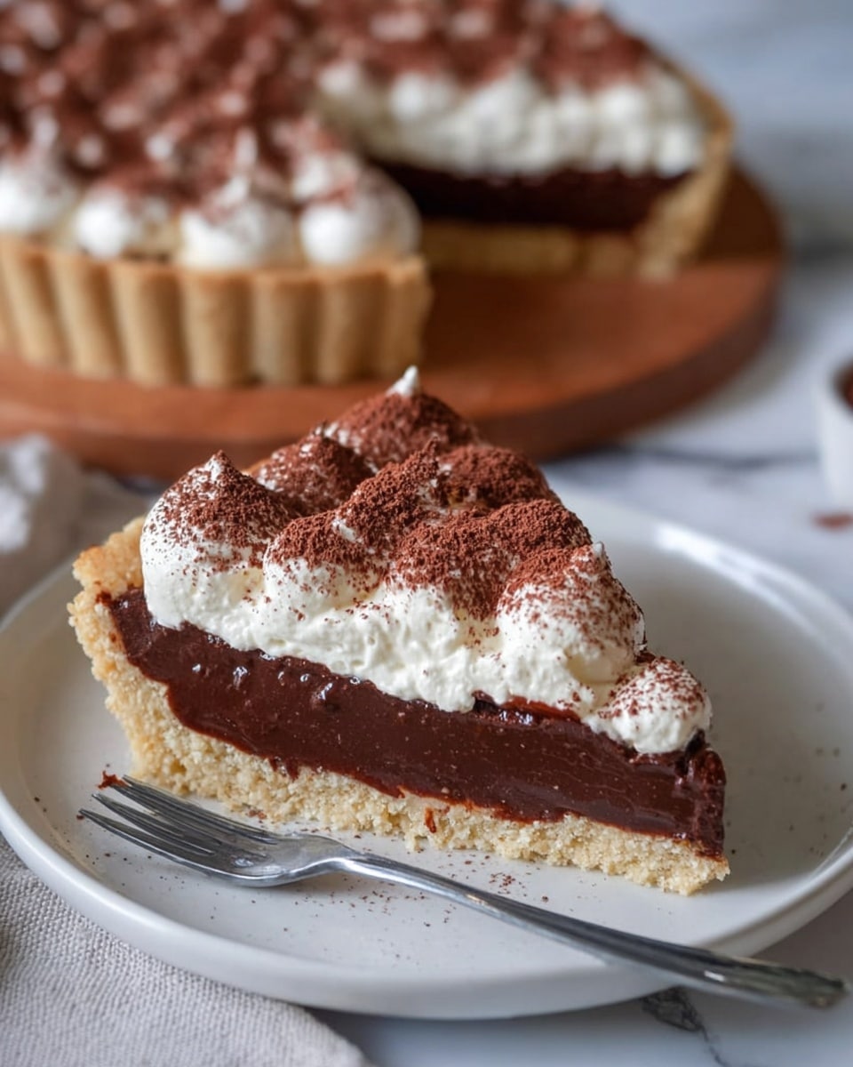 A slice of pie sits on a white plate with a crumbly light brown crust base. The pie has three layers: the bottom crust, a thick middle layer of smooth dark brown chocolate filling, and a top layer of white cream dollops dusted with a light brown cocoa powder. In the background, the rest of the pie is visible on a wooden board, showing more of the same layered topping. A silver fork lies on the white plate next to the pie slice on a white marbled surface. Photo taken with an iphone --ar 4:5 --v 7