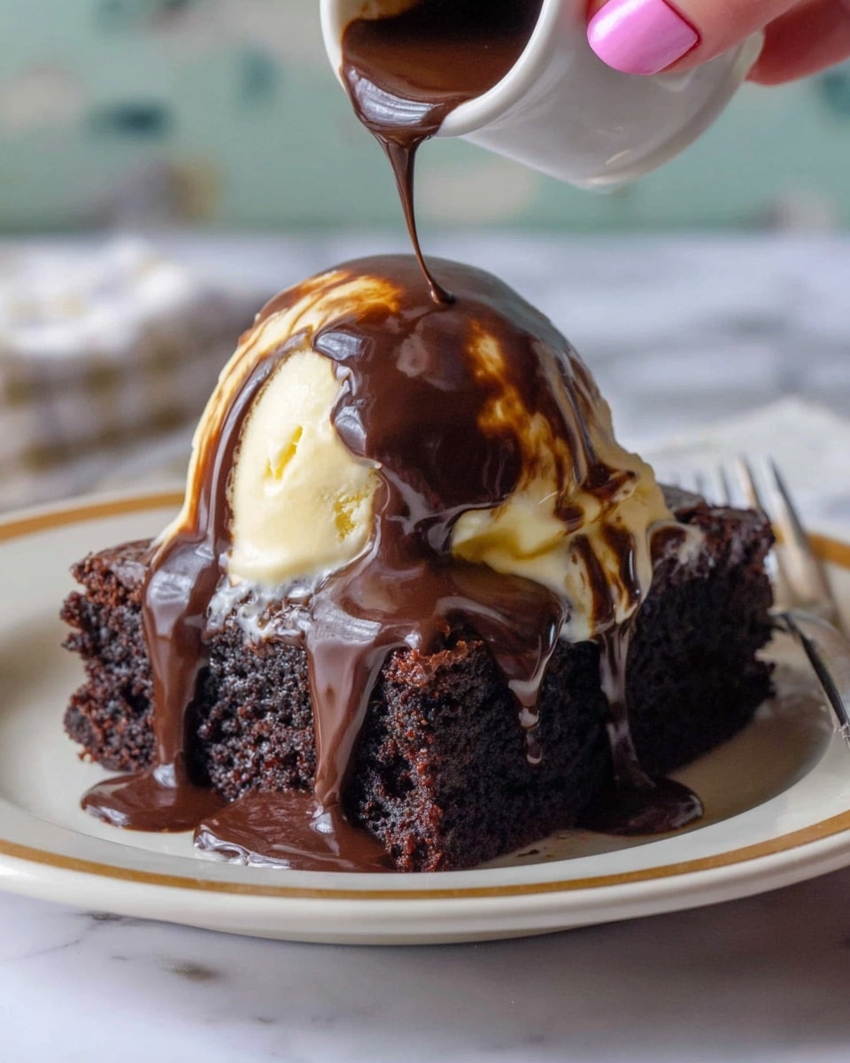 A thick square piece of dark brown chocolate cake sits on a white plate with a thin gold rim, showing a moist, crumbly texture. On top of the cake is a light yellow scoop of melting ice cream with some soft melting edges. Dark, glossy chocolate sauce is being poured from a small, blue-and-white cup by a woman's hand with pink nails, cascading down the ice cream and over the sides of the cake, pooling slightly on the plate. The background has a blurred white marbled texture. photo taken with an iphone --ar 4:5 --v 7