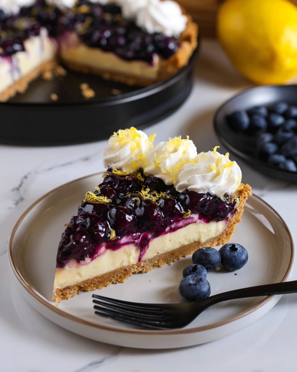 A slice of blueberry tart sits on a white plate, showing three clear layers: a crumbly golden crust at the bottom, a creamy pale yellow middle layer, and a glossy dark purple blueberry topping with whole blueberries embedded. The tart edge is thick and crumbly, and the top is decorated with three dollops of white whipped cream with lemon zest sprinkled on them. Fresh blueberries are scattered around the slice on the plate, along with a small silver fork near the bottom edge. To the back right, a bright whole lemon rests on a white marbled surface, and in the blurred background, more tart pieces sit on a black serving tray with a cake server nearby. photo taken with an iphone --ar 4:5 --v 7