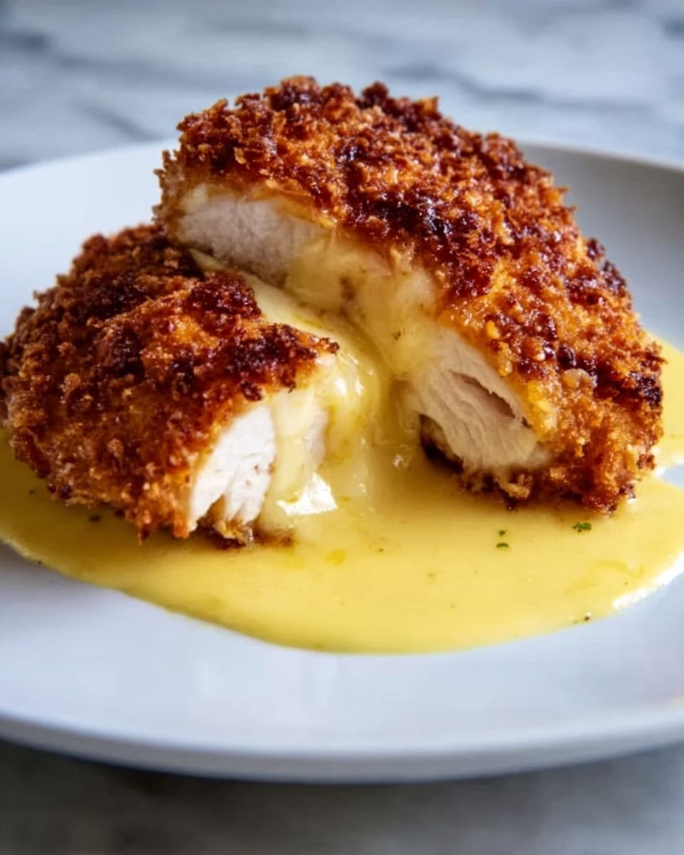 The image shows a close-up of a crispy fried chicken breast, cut in half to reveal melted cheese oozing from the inside. The chicken is coated in a dark golden-brown, crunchy crust that looks thick and crunchy. The melted cheese inside is creamy and light yellow, spilling out onto the white plate below. The plate sits on a white marbled surface, and the focus is on the rich textures and warm colors of the crispy crust and cheese. Photo taken with an iphone --ar 4:5 --v 7