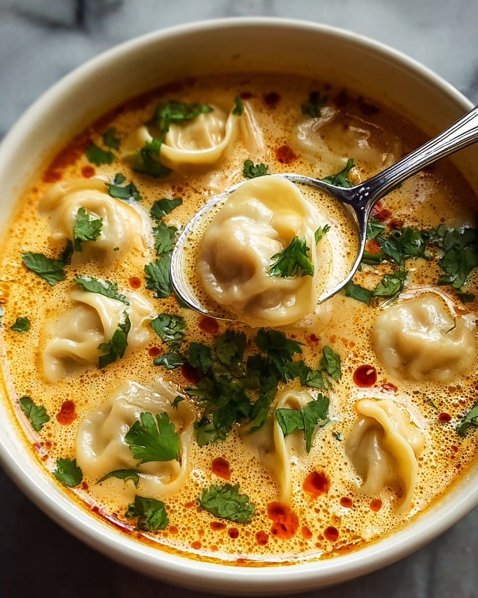 A close-up view of a black bowl filled with a rich, creamy orange broth. Inside the broth, there are several dumplings with smooth, slightly shiny, light beige wrappers, each gently puckered and plump. The dumplings float amidst scattered bright green cilantro leaves, some resting on top and some partially submerged. A silver spoon lifts one dumpling, showing the filling inside topped with fresh cilantro. Tiny droplets of oil float on the broth's surface, adding a warm reddish tint. The setting includes a white marbled surface beneath the bowl. photo taken with an iphone --ar 4:5 --v 7