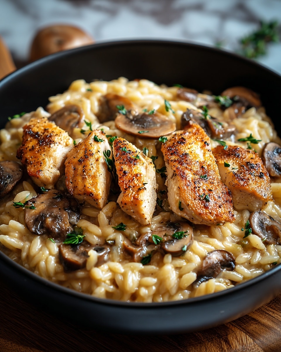 A close-up of a black bowl filled with creamy yellow orzo pasta as the base layer, mixed with light brown sliced mushrooms spread evenly throughout. On top, there are four golden-brown seared chicken pieces with crispy edges, each sprinkled with small green herb leaves. The bowl sits on a wooden surface with some fresh herbs blurred in the background. The textures show the soft but creamy pasta, tender mushrooms, and juicy chicken with a lightly crisp crust. photo taken with an iphone --ar 4:5 --v 7