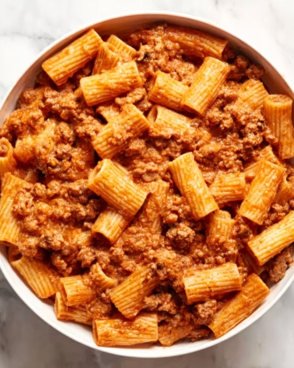 The image shows a white plate filled with rigatoni pasta covered in a rich, creamy tomato sauce mixed with ground meat. The pasta tubes are sturdy and slightly ridged, coated evenly with the thick, reddish-brown sauce, and small chunks of browned meat are scattered throughout the dish. The surface is textured by the pasta's ridges and the sauce, giving a hearty and comforting appearance. The background is a white marbled texture. Photo taken with an iphone --ar 4:5 --v 7