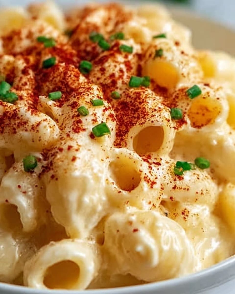 The image shows a close-up of creamy macaroni and cheese served in a white bowl. The macaroni pasta is covered with a smooth, thick layer of cheesy sauce that looks rich and soft. On top, there is a light sprinkle of reddish-brown spice and small pieces of green herbs, adding a touch of color and texture. The background is a white marbled surface. Photo taken with an iphone --ar 4:5 --v 7