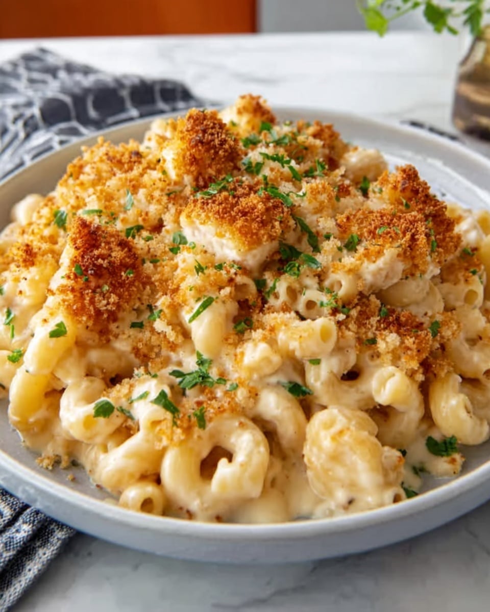 A white plate filled with creamy macaroni and cheese topped with golden brown crispy breadcrumbs and finely chopped green herbs. The pasta is elbow-shaped, covered in smooth melted cheese with a rich yellow color, and the breadcrumbs add a crunchy texture on top. The dish sits on a white marbled surface with a blurred green plant and wooden background. photo taken with an iphone --ar 4:5 --v 7