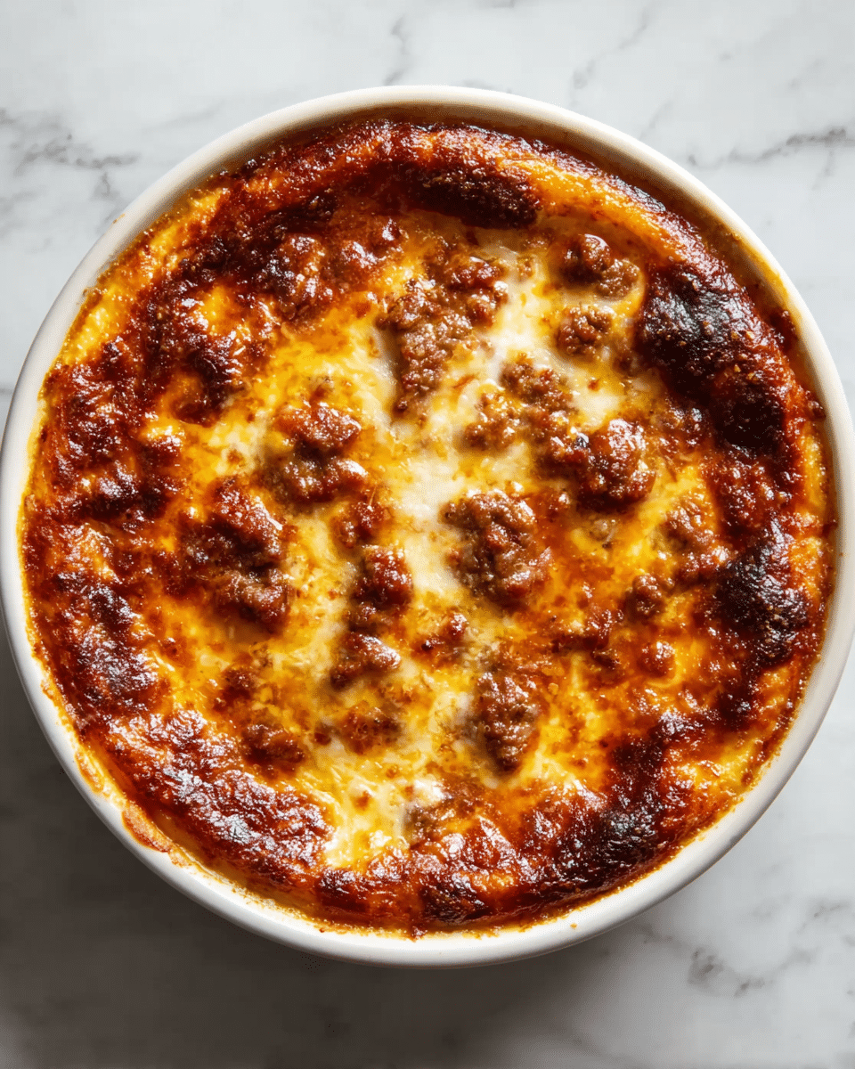 A round baked dish with a thick top layer of bubbly, golden brown melted cheese mixed with browned bits of ground meat scattered unevenly across the surface. The cheese has a slightly crispy, darkened edge that frames the entire dish, which sits in a white ceramic bowl showing a hint of the creamy base underneath the cheese. The background is a smooth white marbled texture. Photo taken with an iphone --ar 4:5 --v 7