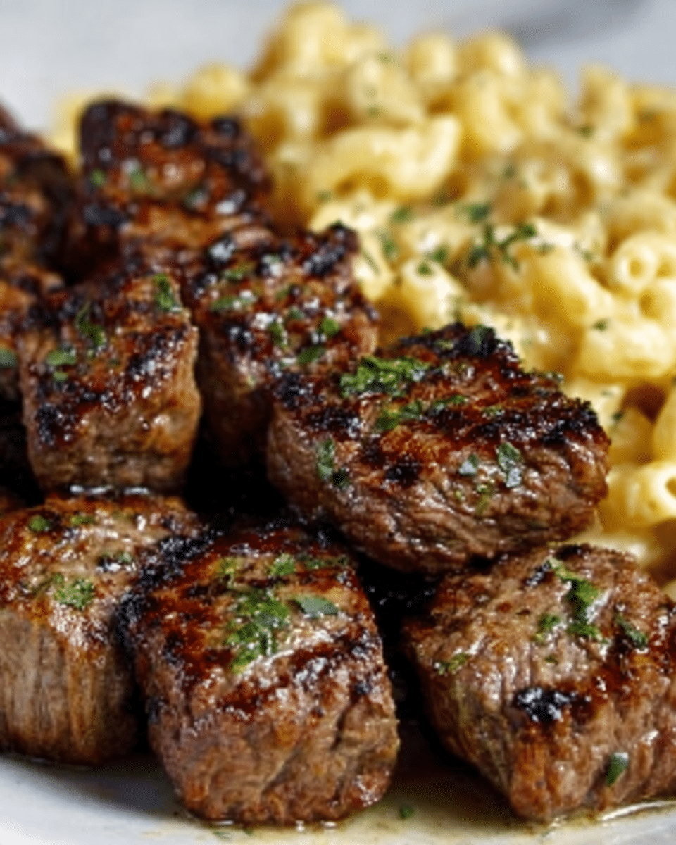 The image shows several small, round pieces of grilled meat with a charred, brown surface and some green herb garnish on top. Behind the meat, there is a creamy pasta dish with a light yellow color and sprinkled herbs. The meat pieces are in the front, arranged closely together, and the pasta is in the background, filling the rest of the frame. The photo background is a white marbled texture. photo taken with an iphone --ar 4:5 --v 7